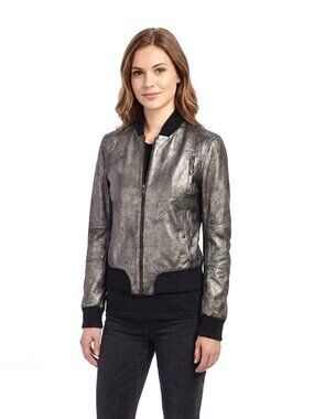 Tomas Maier Metallic Leather Bomber Jacket, Grey Silver, Womens Size 4